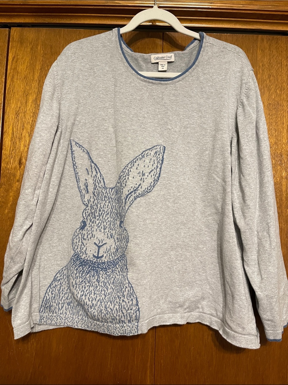 Coldwater Creek 3x 100% Cotton Long-Sleeve Bunny Sweater in Grey w/ Blue Rabbit